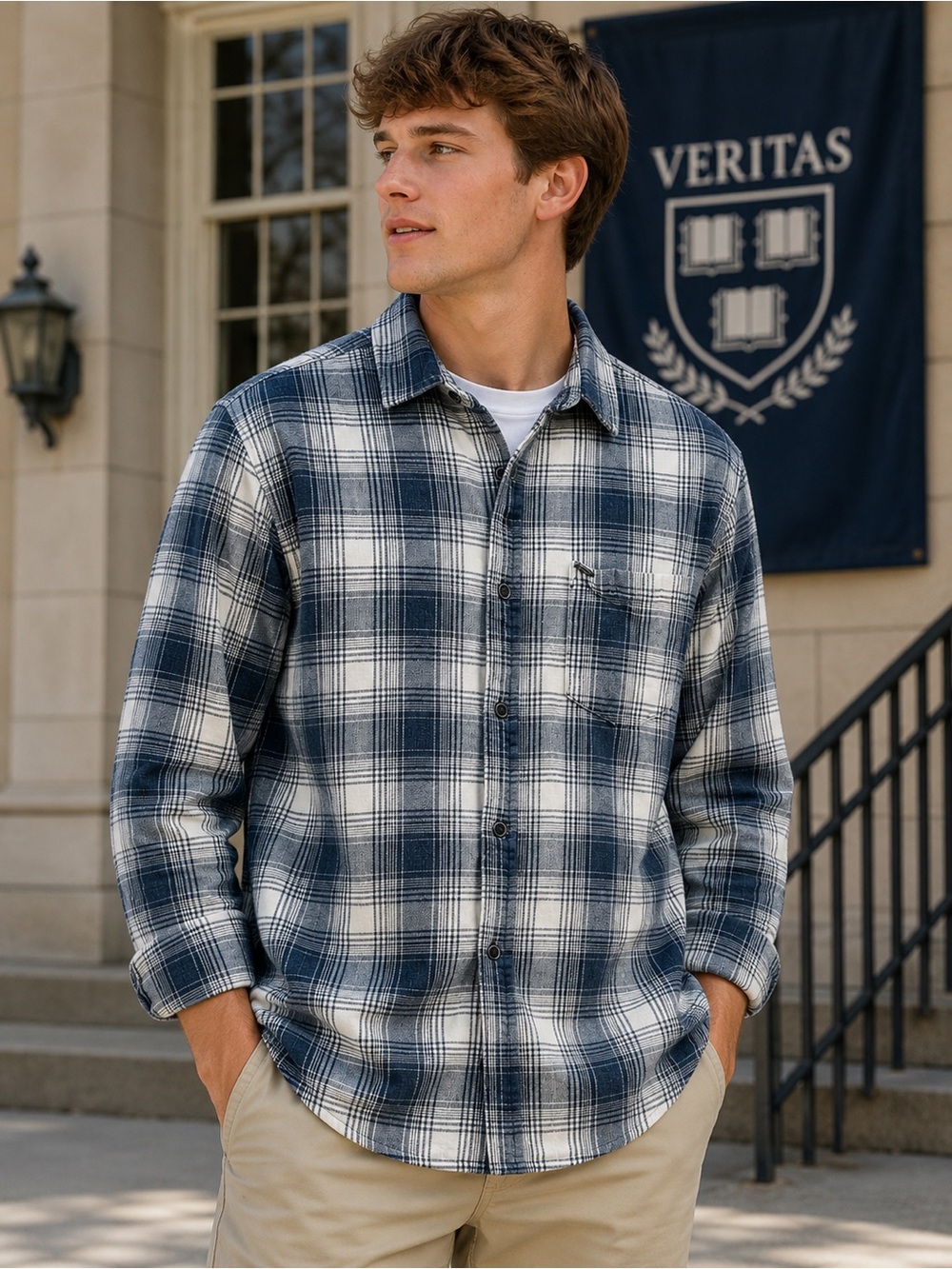 Only & Sons 2018 Navy + Cream Plaid Flannel Shirt | Men’s Large